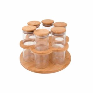 KIT PORTA TEMPEROS 6 POTES BOROSSILICATO TAMPA/BASE G.BAMBU