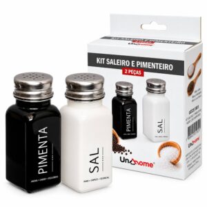 KIT SALEIRO E PIMENTEIRO 2PCS PRETO E BRANCO VIDRO C/INOX